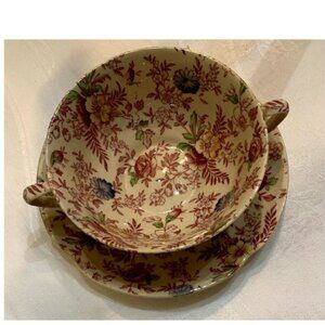 VINTAGE SET 6 JOHNSON BROS England VICTORIAN Chintz Soup Bowls & Saucers